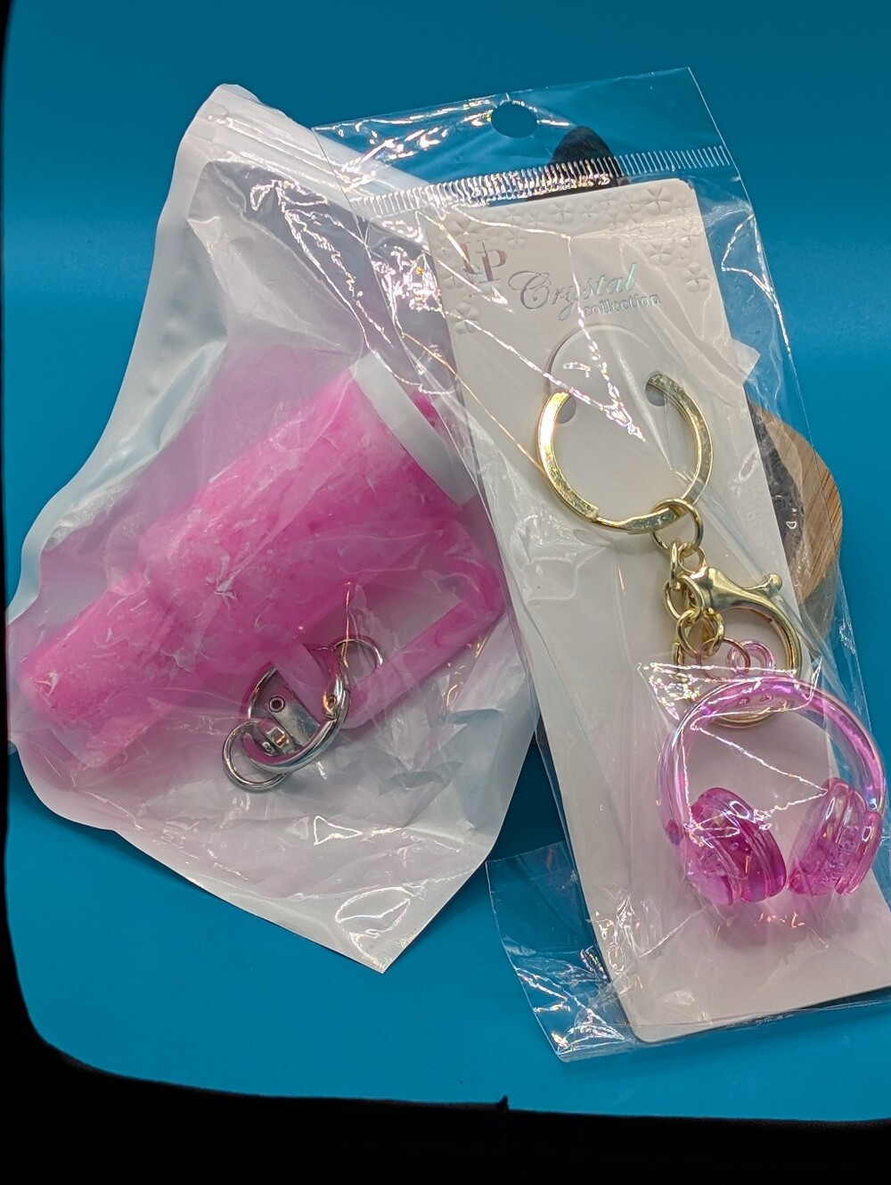 Pink Mini Headphone Keychain  With Pink Keychain Cup That Opens. - 2 Piece Set